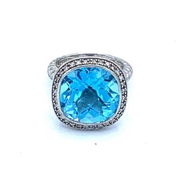 Rarities Carol Brodie Sterling Blue Topaz, White Diamond Ribbed Band Ring