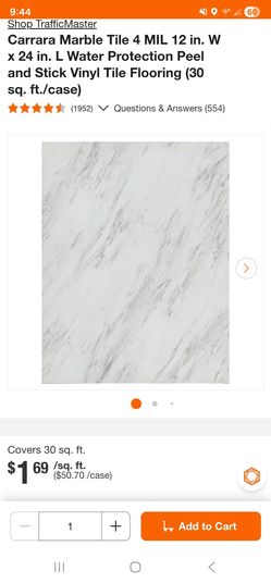 Carrara Marble Tile 4 MIL 12 in. W x 24 in. L Water Protection Peel and Stick Vinyl Tile Flooring (20 sq. ft./box)