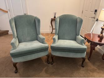 Pair of Light Blue Velvet Wingback Chairs