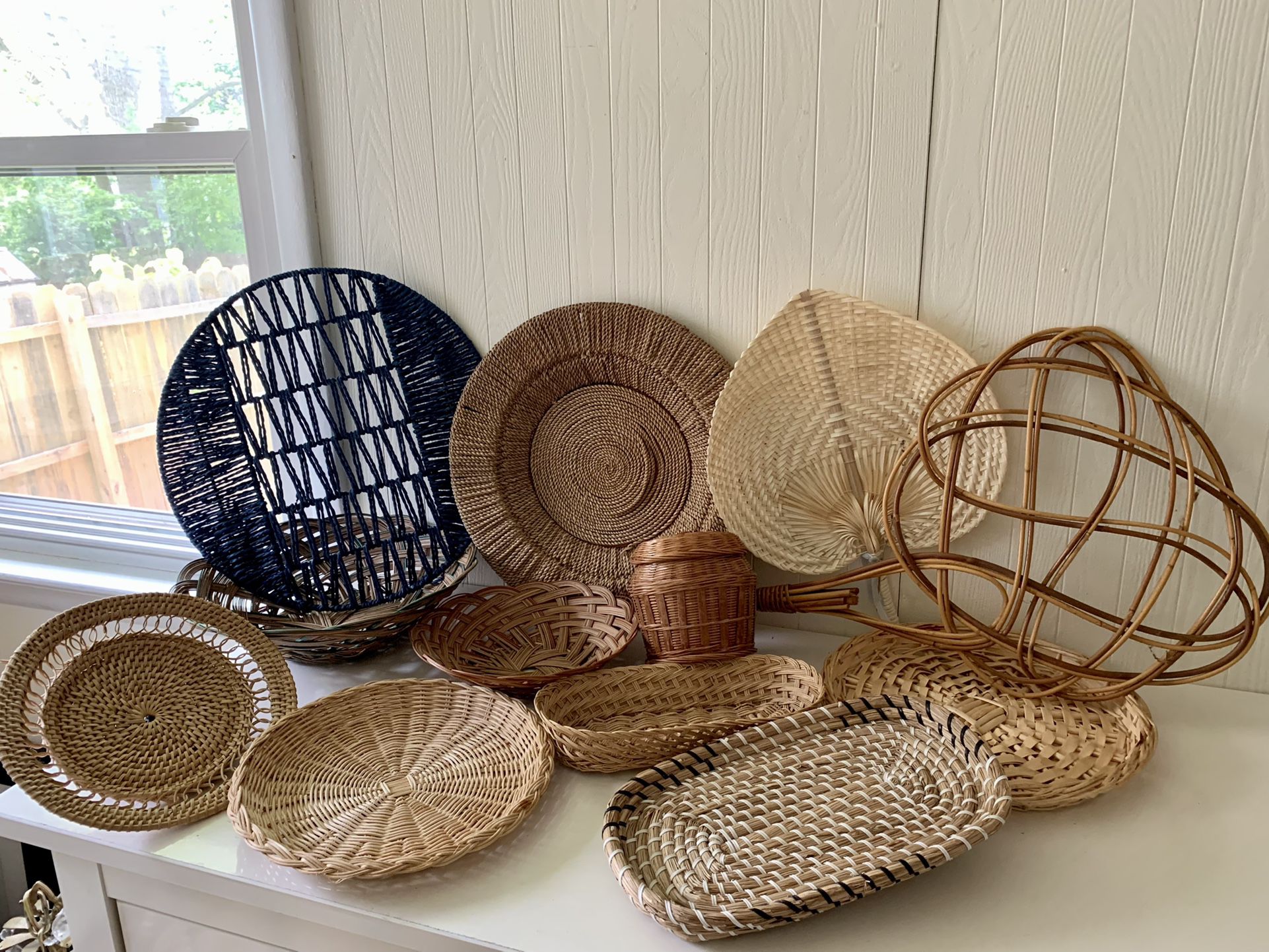 Wicker Weaved Rattan Baskets Trays Bins Placemats Planters Hanging Wall Art Boho Decor Bohemian Chic