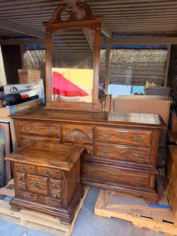 Vintage Wood Dresser with Mirror and Nightstand  Bedroom Set