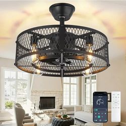 5557: New Caged Ceiling Fan with Light: 20" Farmhouse Fandelier with Lights and Remote & APP - Black Rustic Semi Flush Mount Bladeless Ceiling Fans