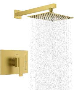 New Brushed Gold Shower Faucet, Square 10-Inch Shower Head& Handle Set,Bathroom Rainfall System