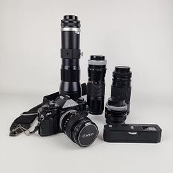 🚨 Lot Canon A-1 Film Black Camera Bundle 5 Lenses 1 Power Winder A Vintage