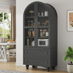 M418-IDEALSOUL Arched Kitchen Pantry Cabinet, 71" Tall Wood Storage Cabinet with 2 Glass Doors, 4 Shelves and 2 Drawers, Food Cabinet for Kitchen, Liv