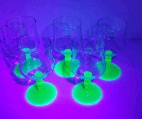 Vintage Glass and Depression Era Uranium Green Glass base Wine Glasses - Set of 5