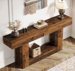 63 in. Dark Brown Rectangle Wood Console Table, Farmhouse 2-Tier Entryway Table with U-Shaped Base for Living Ro