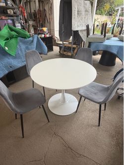 Modern White Round Dining Table Set + 4 Velvet Chairs (Seats 4)