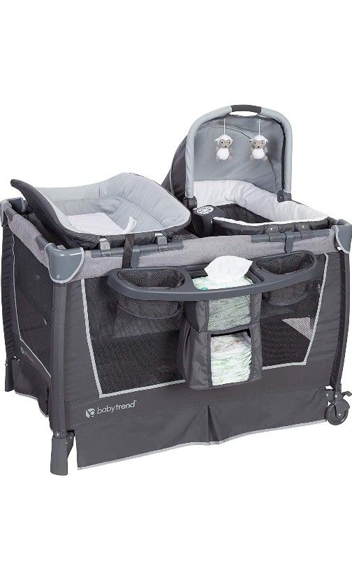 Baby Trend Nursery Center Travel Crib with Removable Rock-A-Bye Bassinet, Changing Table, Organizer, and Electronic Music Center and Nightlight, Robin