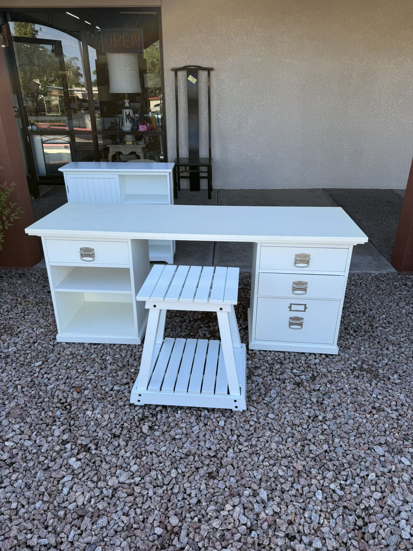 5 piece Pottery Barn Bedford Desk set, or two night stands cabinet and bench