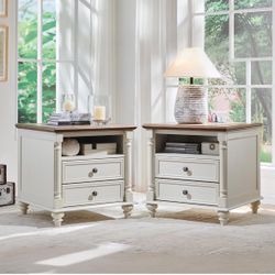 24'' Farmhouse End Table w/4 Solid Wood Feet Set of 2, Large 2 Drawers Sofa Side Table with Charging Station, Rustic Wood Square Nightstand for Living