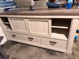 Gray Wood TV Stand with Drawers and Shelves