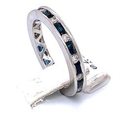 0.25 carat baguette sapphires & 0,15 carat round diamonds wedding anniversary ring eternity band in solid 14k white gold size 6