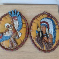 2 Vtg 10" Native American Style Ceramic Wall Art