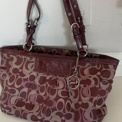 Authentic Coach Signature Jacquard Shoulder Tote - Burgundy