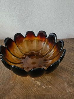 Indiana Glass 12 Petal MCM Lotus Bowl Dark Honey Amber Centerpiece Console 11"
