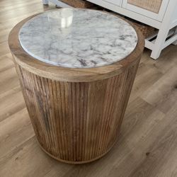 Set of 2 Natural Mango Wood And Marble Top End Tables 