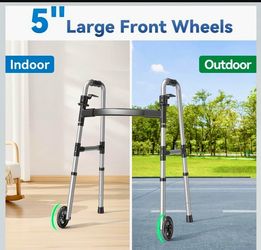 Folding Walker with 2 Skis and 5" Wheels, Lightweight Walkers for Seniors and Adults, Supports Up to 350 Pounds, Adjustable Height, Compact Standard W