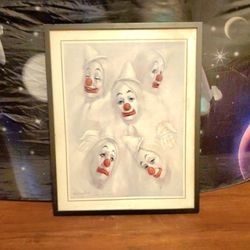 "Five Sad Clowns"  Painting framed print from the 70s