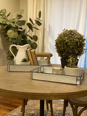 Photo $14 EACH- TWO Adorable galvanized metal trays with rustic edges. Larger tray- 19 W x 12.75 D x 3 H, smaller tray- 18 W x 12.75 D x 3 H. Can se