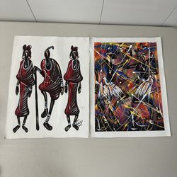Set of 2 African-Inspired Canvas Paintings - Bold Maasai & Abstract