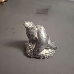 Vintage Carved Black Soapstone Figure Of 2 Sea Lions By Wolf Original, Handmade In Canada 3.5"H x 3.25"W