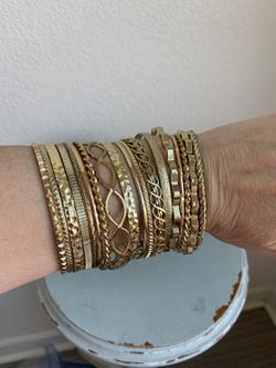 BANGLE BRACELETS Set of 18 Metallic Gold-Tone | Mixed Textures | Stack Jewelry