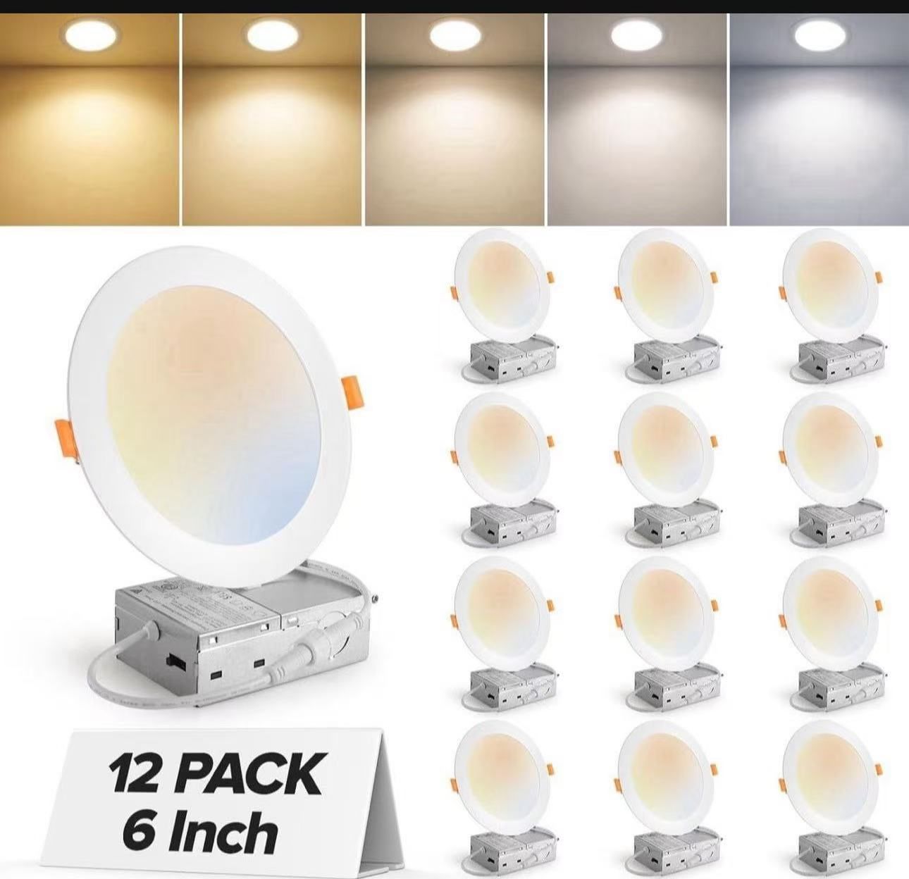 4 Pack 6 Inch 5CCT Ultra-Thin LED Recessed Ceiling Light with Junction Box, 2700K-5000K Selectable, 1050LM High Brightness, Dimmable Canless Wafer Do