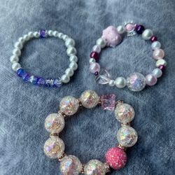 Handmade Bracelet Set Of 3 With Pearl Acrylic Crushed Glaze Beads