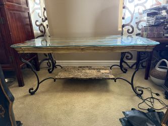 Rectangular Glass Top Coffee Table with Metal Frame and Stone Shelf