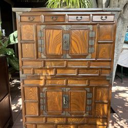 Korean Style Wooden Storage Cabinet w Brass Hardware - Two Pieces 