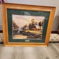 Large Thomas Kincaid Wood framed Print Sunset at Riverbend Farm