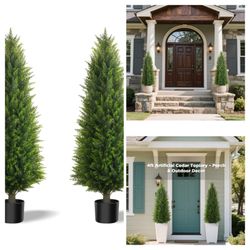 4ft Artificial Cedar Trees Artificial Topiary Trees Set of 2 Faux Cypress Plants UV Resistant Potted Bushes Faux Shrubs for O