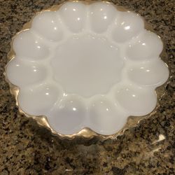Vintage pressed white milk glass egg dish, trimmed with 22 K gold