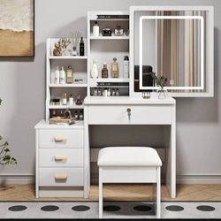 Modern White Vanity Desk w/ LED Mirror & Storage – Makeup Station
