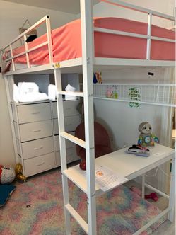 White Metal Loft Bed with Desk and Shelves