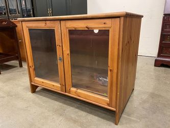 Wooden TV Stand with Shelving and Glass Doors