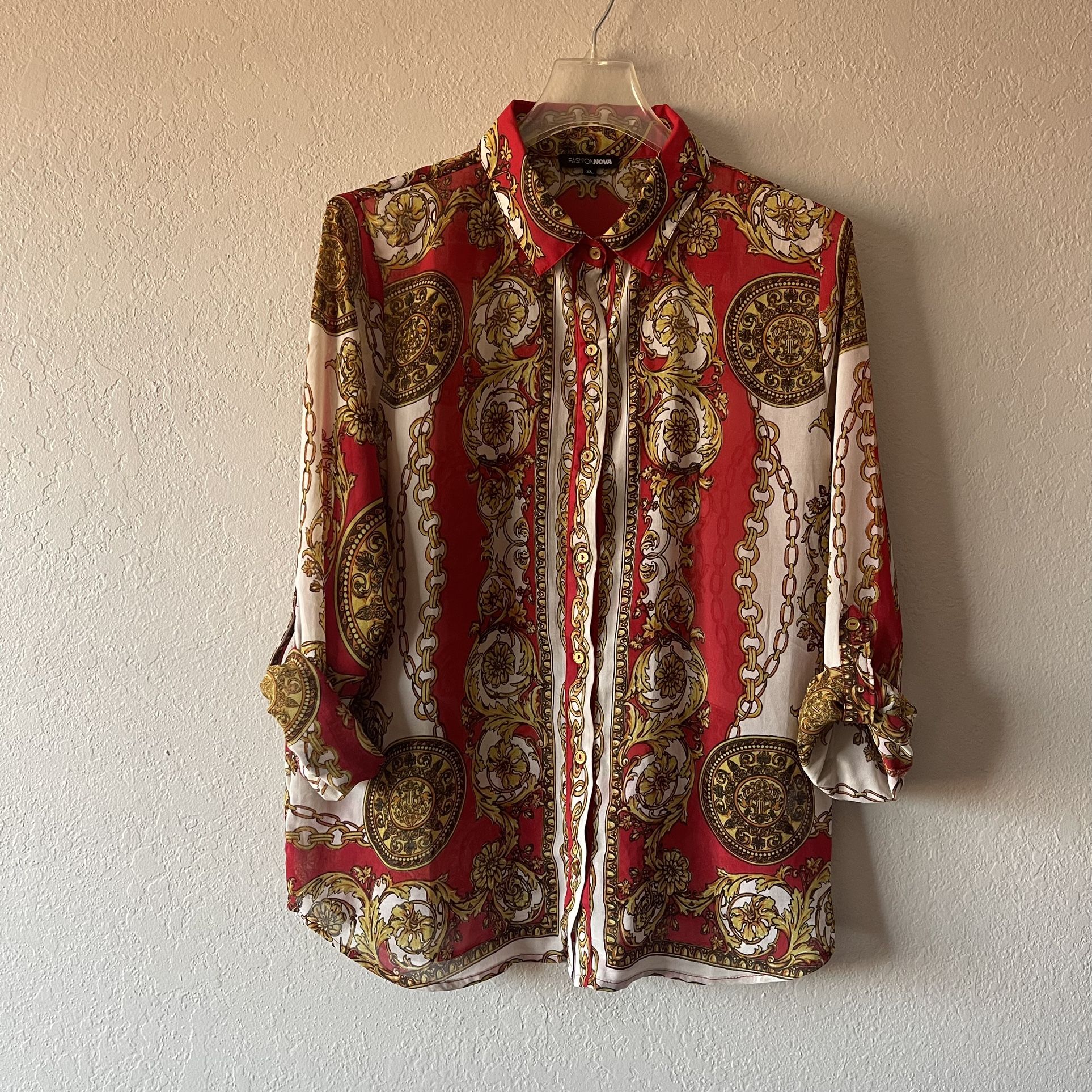 Fashion Nova, Women’s Red Gold Baroque Royalty Chains Sheer Button Shirt Size XL