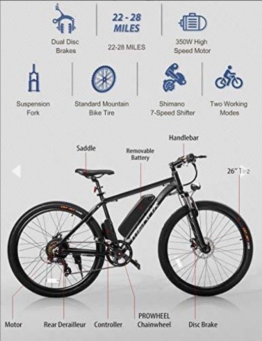 merax electric bicycle Merax 26” Electric Mountain / Road Bicycle - 350W Electric Bike with  36V/8.8AH Removable Lithium-Ion Battery, Shimano 7 Speed Shifter (Black)  for Sale in San Diego, CA