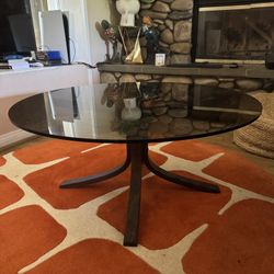 Round Vintage Glass Top Coffee Table with Walnut Legs