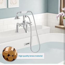 gotonovo Deck Mount Tub Bathtub Faucet Clawfoot with Handheld Shower 6 Inch Polish Chrome Telephone Shaped Sprayer Showerheld Double Cross Handle