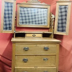 Antique Three Drawer Vanity/Dresser W/Beveled mirrors
