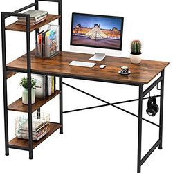 Engriy Computer Desk with 4 Shelves for Home Office, 47 Inch Writing Study Table with Bookshelf and 2 Hooks, Multipurpose Industrial Desk Workstation 