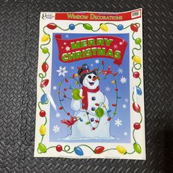 Vintage Christmas Window Cling Home Decor Snowman Merry Xmas Lights 90s NEW