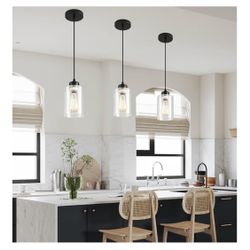 Pendant Light Fixture, 3 Pack Hanging Ceiling Lamp with Clear Glass Shade, Adjustable, Kitchen and Dining Room, Black, 30 x 15 x 22 cm