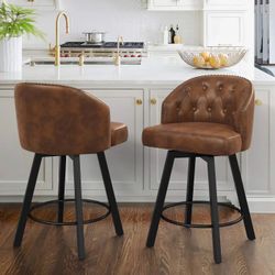 26 in.Brown Faux Leather Upholstered Swivel Bar Stool with Metal Frame Nailhead Counter Barstool Set of 2