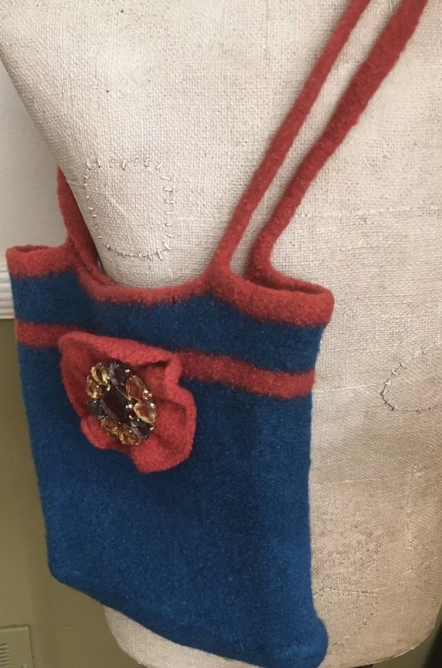 Felted Boiled Wool Flower Purse Wearable Art Handcrafted Jeweled Brooch attached.