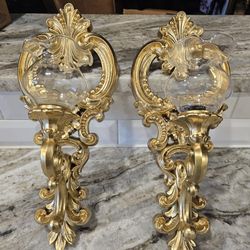 Vtge Wall Mid-Century Modern Syroco Wall Gold Tone Candeholders With Glass Votives Shades