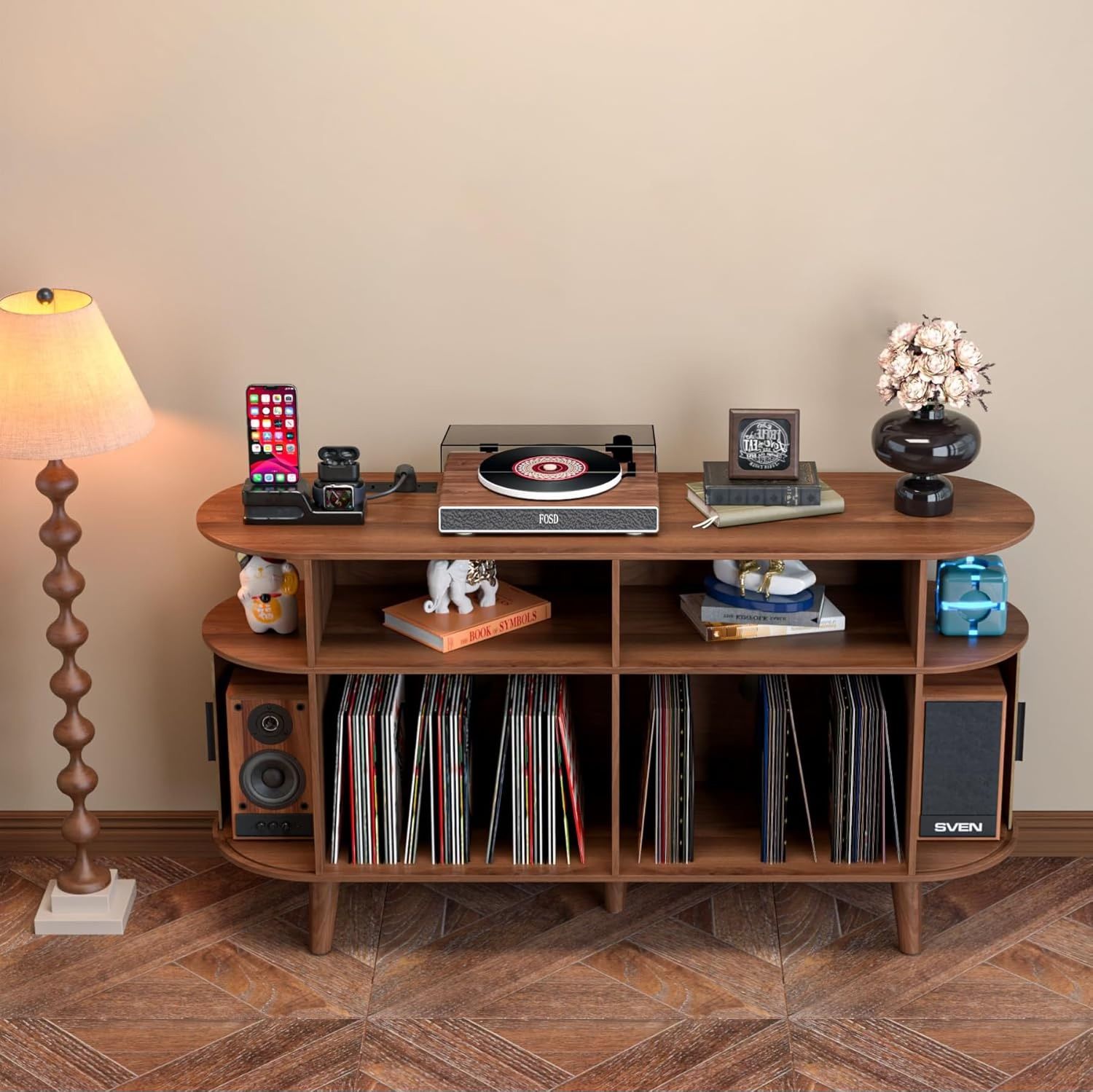 New Large Round Record Player Stand with Charging Station & USB Ports Record Storage Cabinet, Mid Century Modern Walnut,New Products : American Fashion Style Bags On Sale