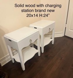White Solid Wood Nightstands with Charging Station – Set of 2